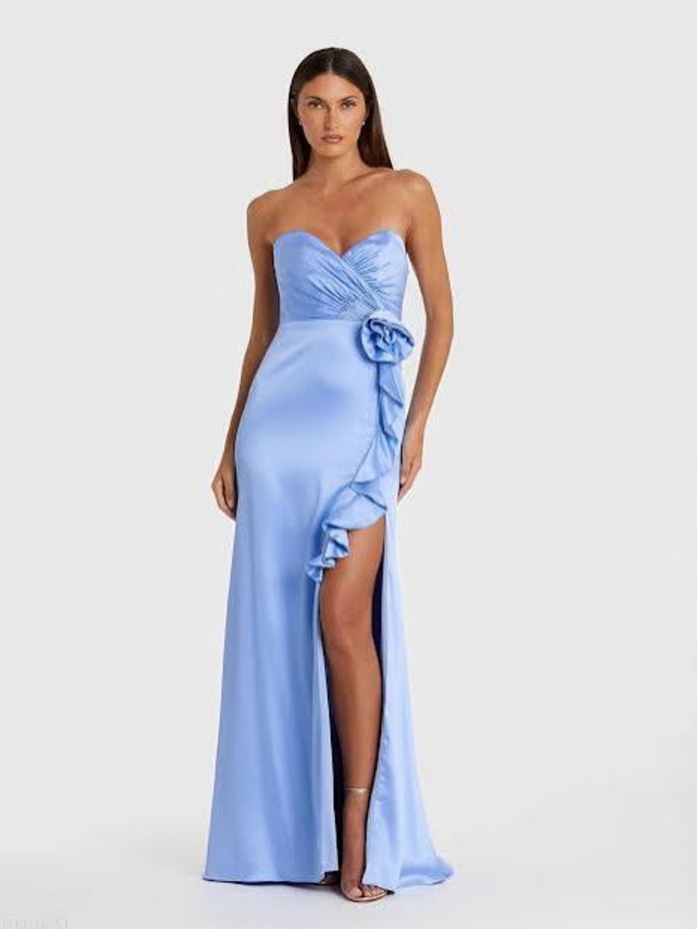 Mac Duggal Strapless Lavender Blue Satin Evening Gown with Ruffle Slit